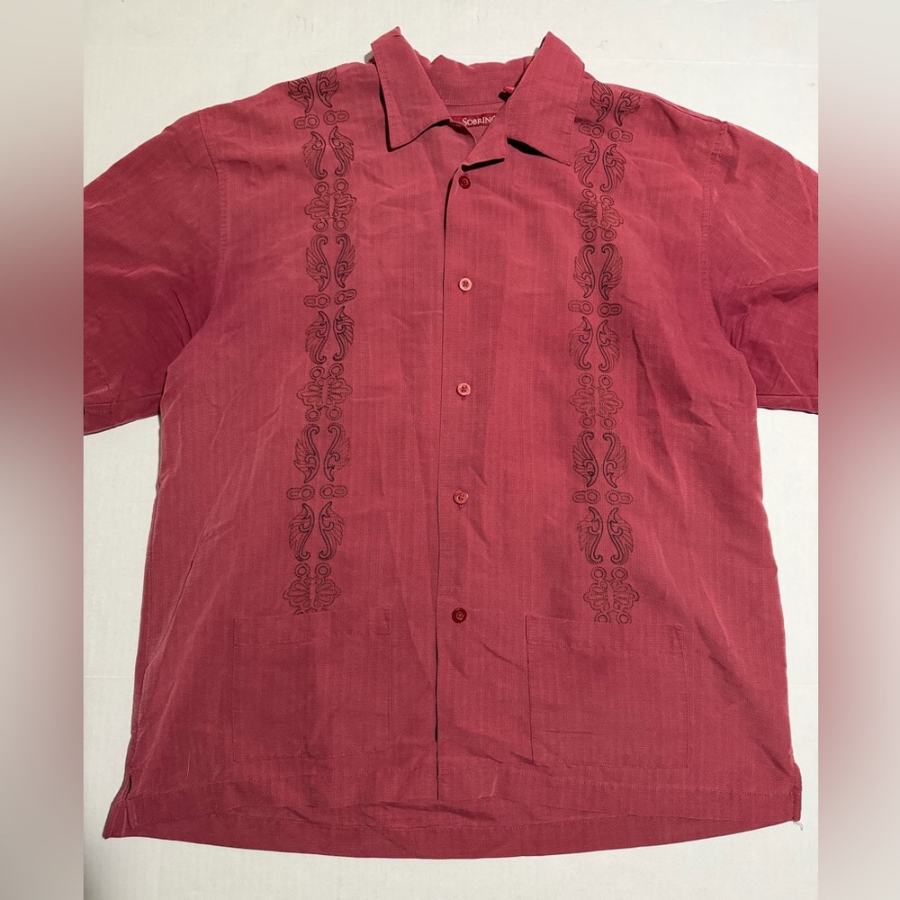 vtg sobrino maroon bowling ss button‎ up shirt, pockets, men's large #1247